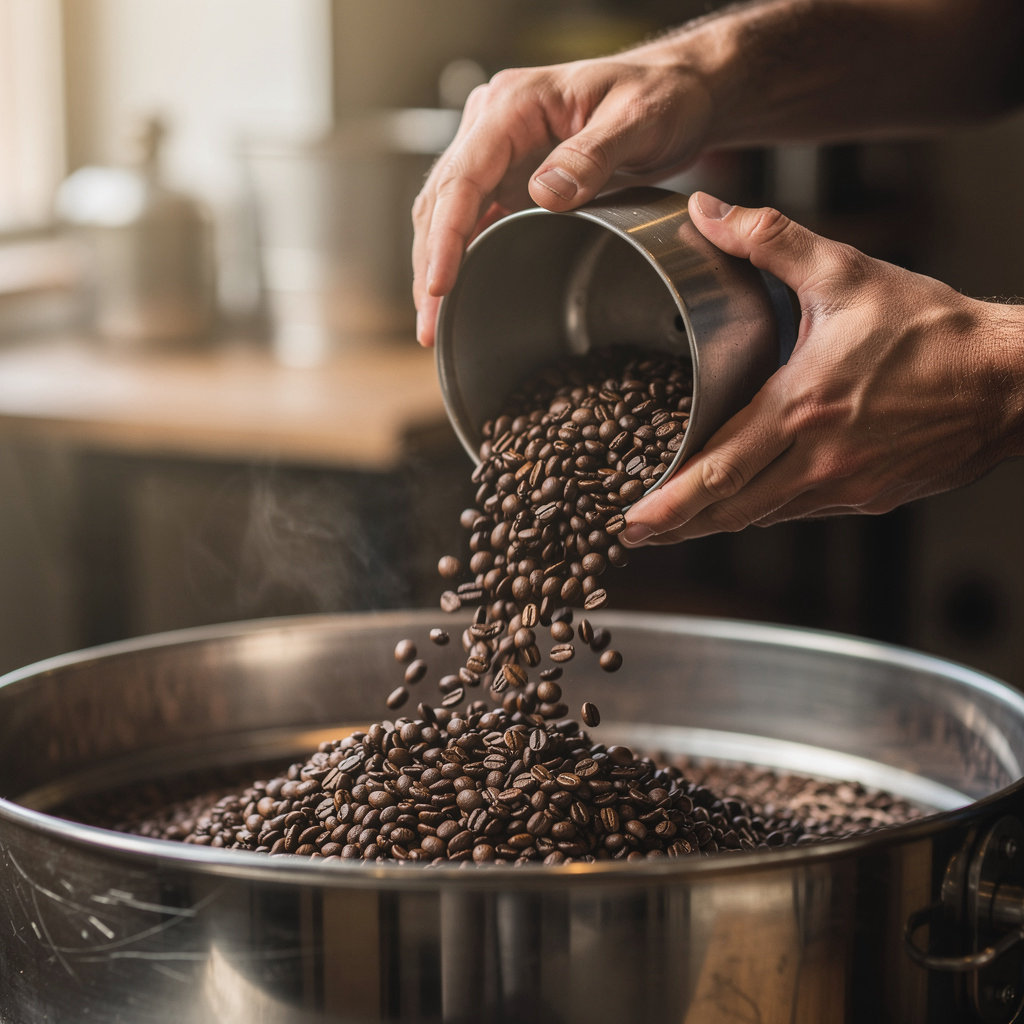 Mountain View Coffee Roasters Asheville artisan carefully monitoring coffee beans during the roasting process